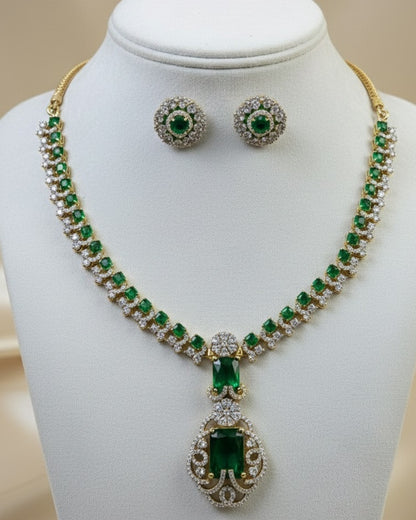 Elite Gold-Plated Long Link Necklace with Double Emerald Green Crystal Pendants