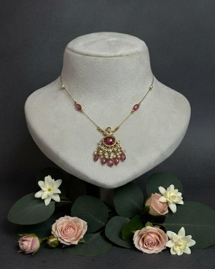 Deep Pink Magenta Floating Necklace – Invisible Gold Wire Choker with Gemstone & Pearl Fringe