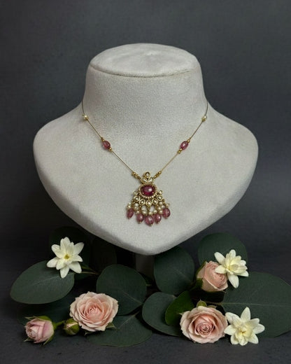 Deep Pink Magenta Floating Necklace – Invisible Gold Wire Choker with Gemstone & Pearl Fringe