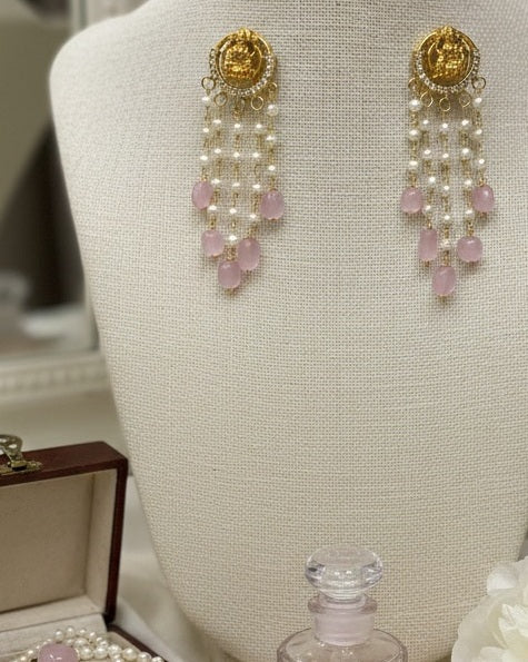 Gold plated Lakshmi Temple drop Earrings with Tiered Pearls and beads