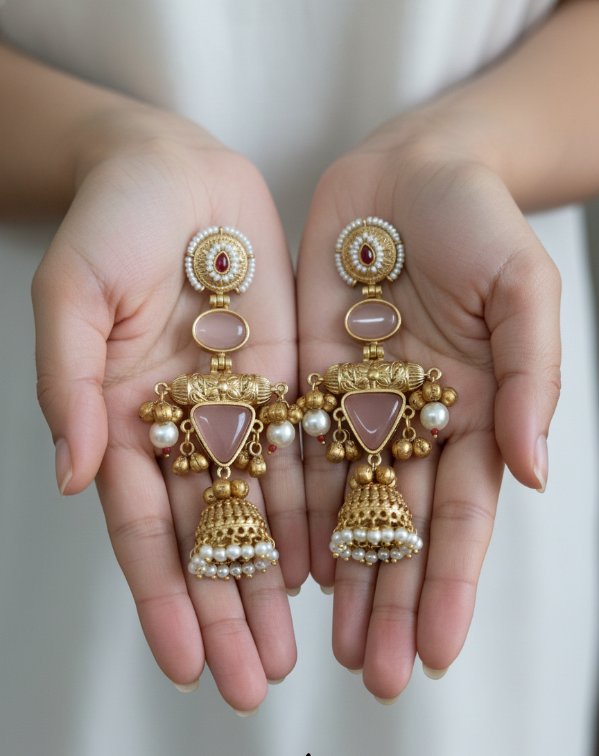Kashmiri Noor Jhumkas – Handcrafted Filigree Drop Earrings with Seed Pearls