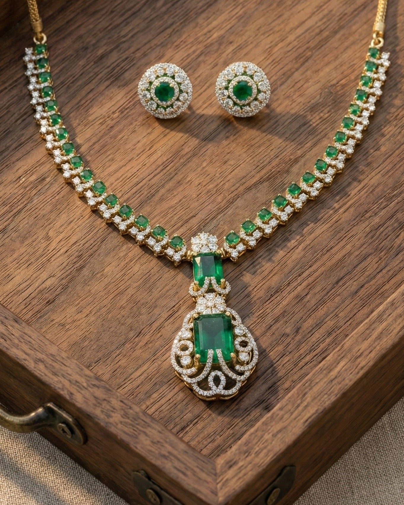 Elite Gold-Plated Long Link Necklace with Double Emerald Green Crystal Pendants