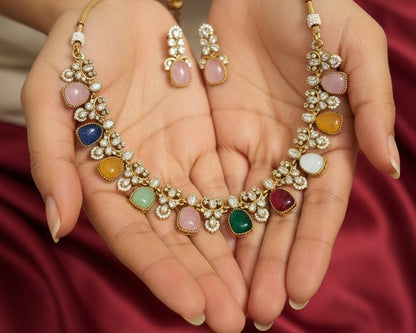 Gold-Plated Navratna-Style Necklace Set with Carved Multicolor Gemstones & Floral Crystal Accents