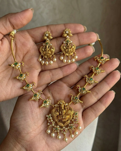 Antique Matte Gold Plated Lakshmi Temple Necklace Set with Stylized Bird Motifs & Pearl Drops