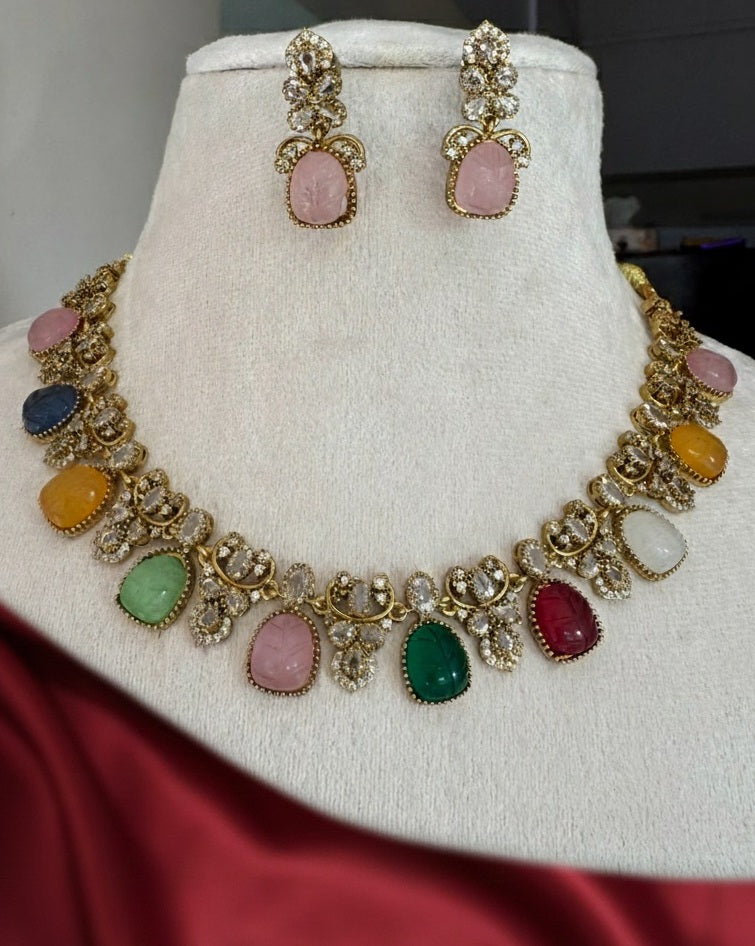 Gold-Plated Navratna-Style Necklace Set with Carved Multicolor Gemstones & Floral Crystal Accents
