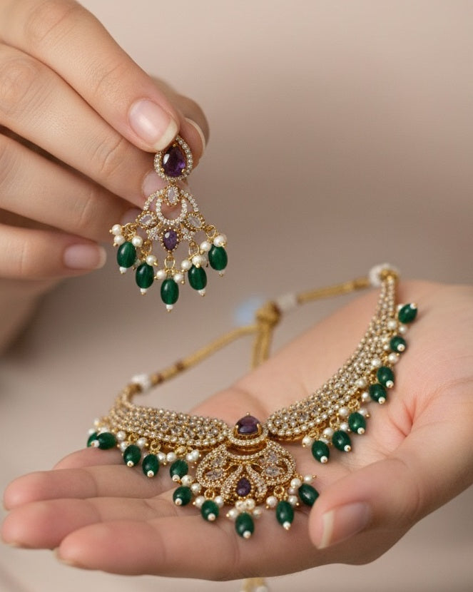 Royal Gold-Plated Kundan Choker Set with Amethyst Purple Accents & Emerald Green Beads