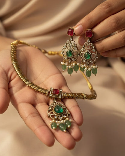 Royal Gold-Plated Statement Choker Set with Ruby Red Accents & Emerald Green Drops