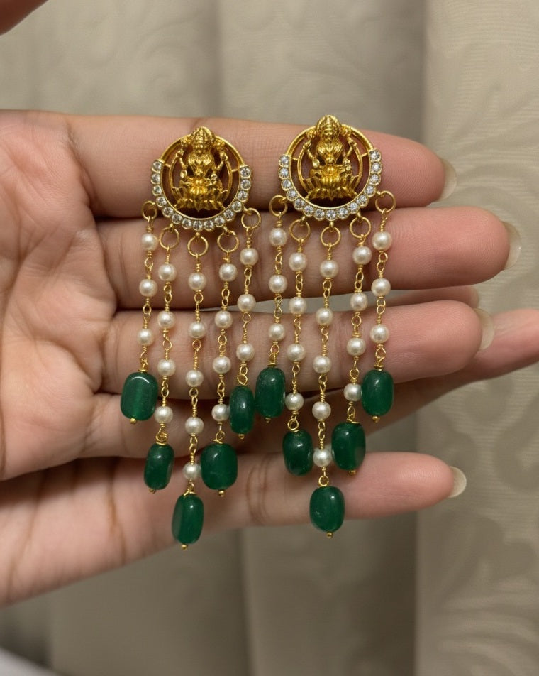 Gold-Plated Lakshmi Temple Drop Earrings with Tiered Pearls and  Beads