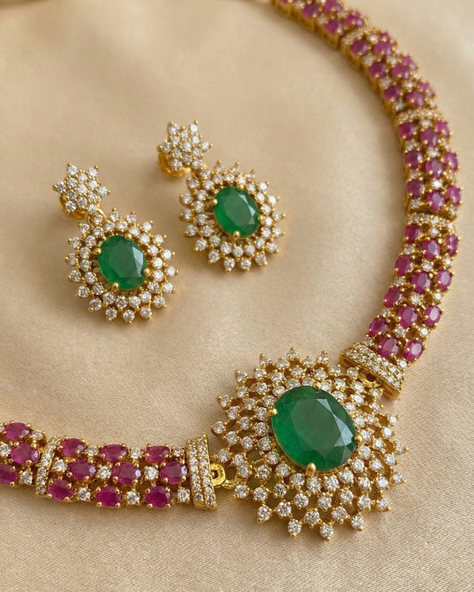 Ruby Red & Emerald Green AD Stone Necklace Set with Floral Pendant | Gold Plated