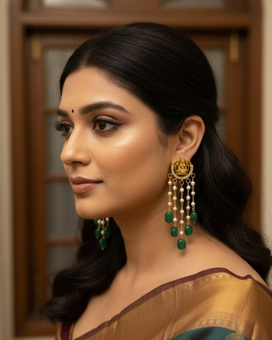 Gold-Plated Lakshmi Temple Drop Earrings with Tiered Pearls and  Beads