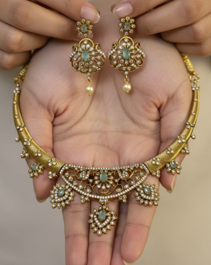 Gold-Plated Antique Filigree Choker Set with Mint Green Stones & Crystal Accents