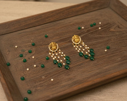 Gold-Plated Lakshmi Temple Drop Earrings with Tiered Pearls and  Beads