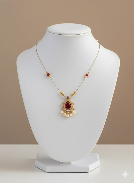 Elegant Ruby Pear Pendant Necklace on Dainty Gold Chain with Pearl Accents