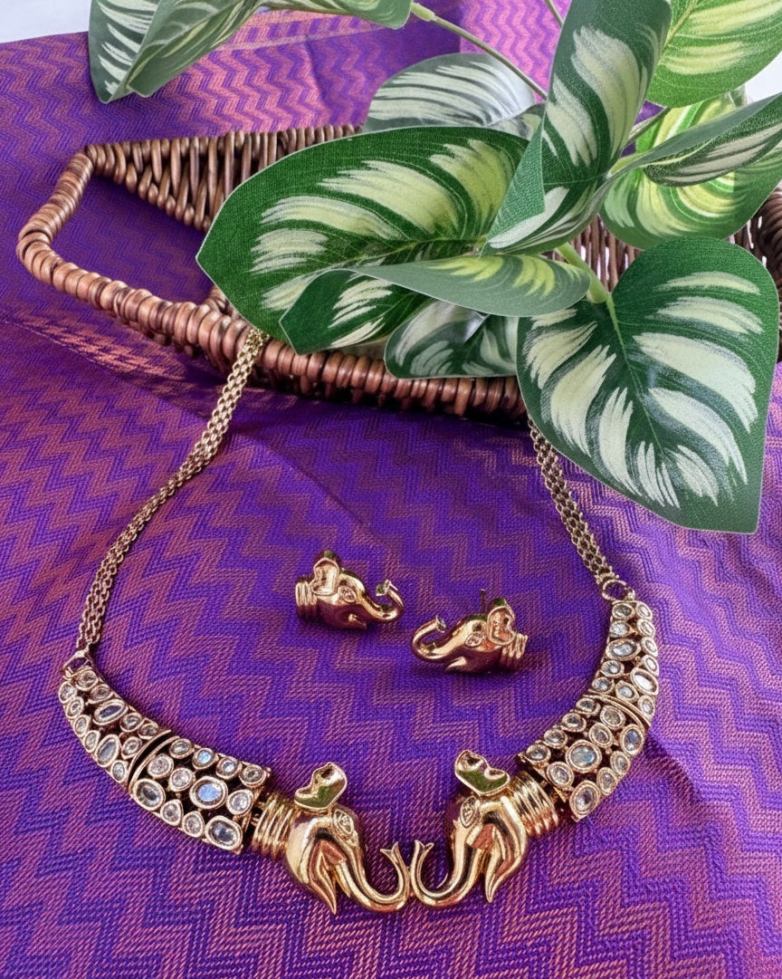 Antique Gold-Plated Elephant Motif Necklace & Earrings Set with Kundan Inlay
