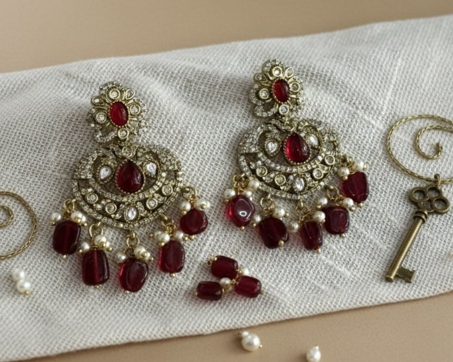 Victorian Ruby Red Chandbali Earrings with Polki and Pearl Drops
