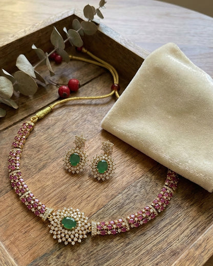 Ruby Red & Emerald Green AD Stone Necklace Set with Floral Pendant | Gold Plated