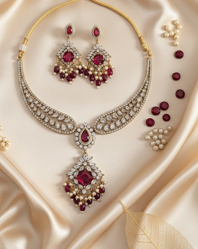Royal Gold-Plated Statement Choker with Ruby Red Pendant and Pearl Accents