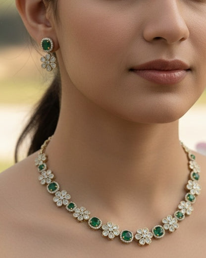 Elegant Emerald Green & Polki Floral Necklace Set with Matching Earrings
