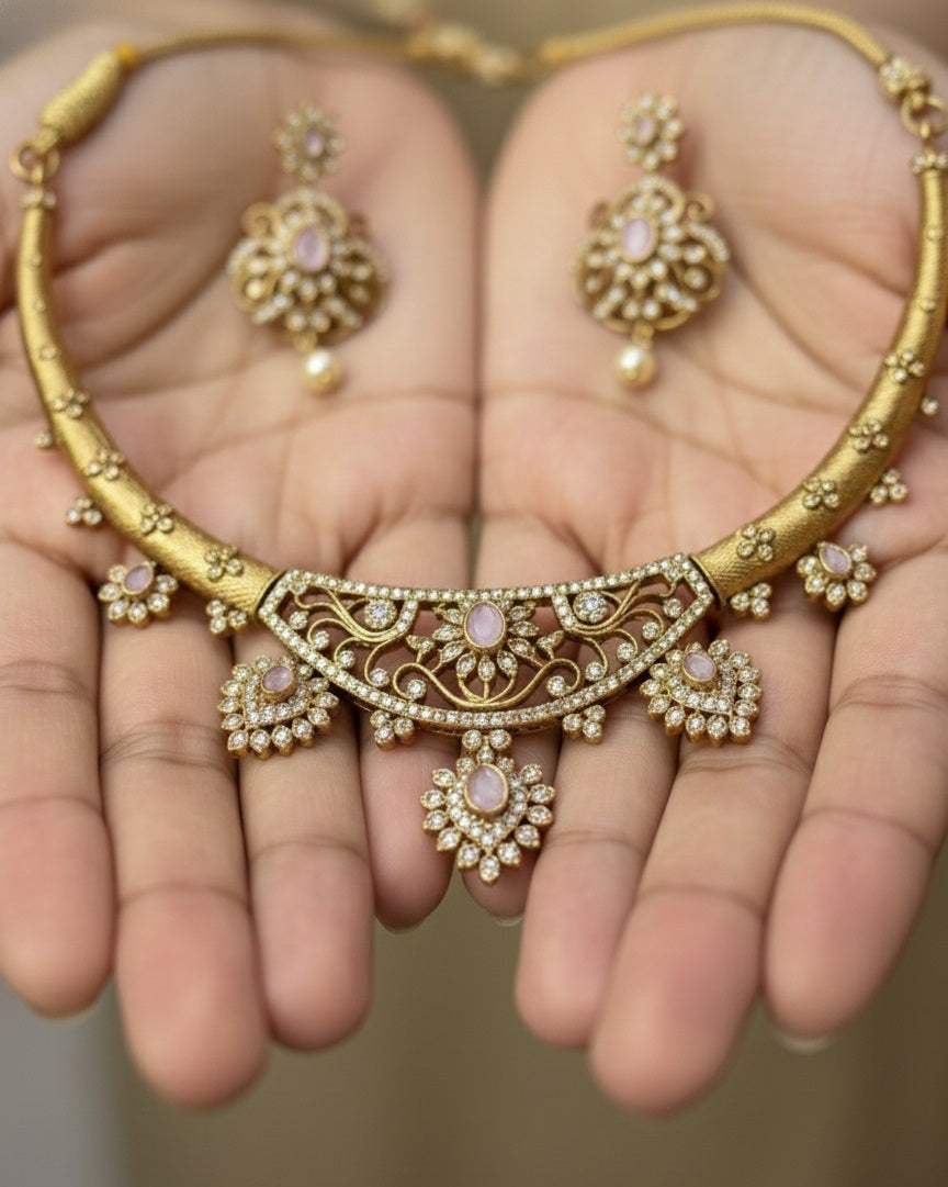 Gold-Plated Antique Filigree Choker Set with Rose Pink Stones & Crystal Accents