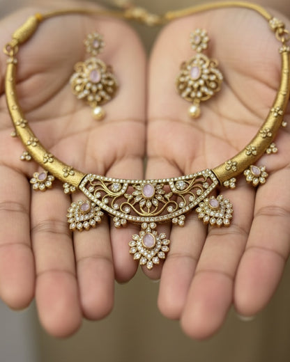 Gold-Plated Antique Filigree Choker Set with Rose Pink Stones & Crystal Accents