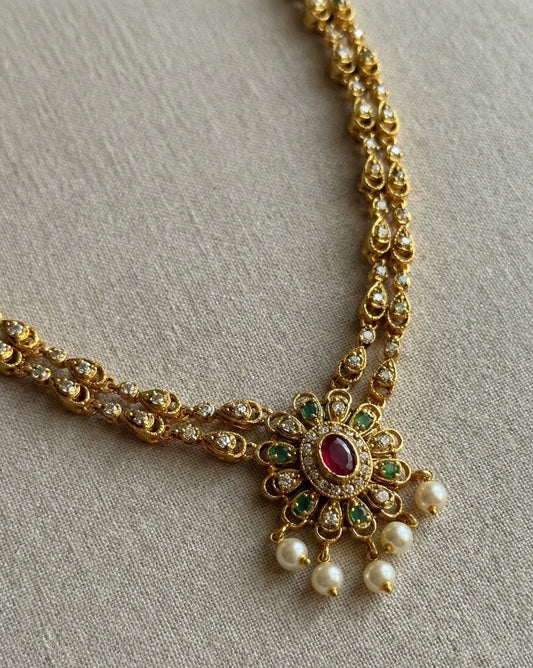 Antique Gold Finish Double-Layer Floral Necklace Set with Ruby, Emerald & Pearl Accents
