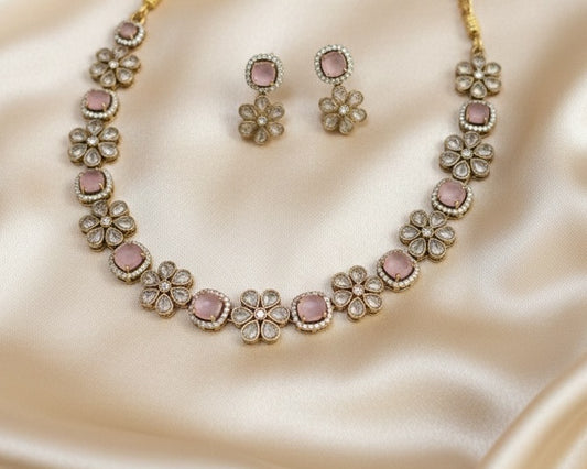 Blush Pink Rose Quartz Style Floral Necklace & Earring Set with Polki Accents