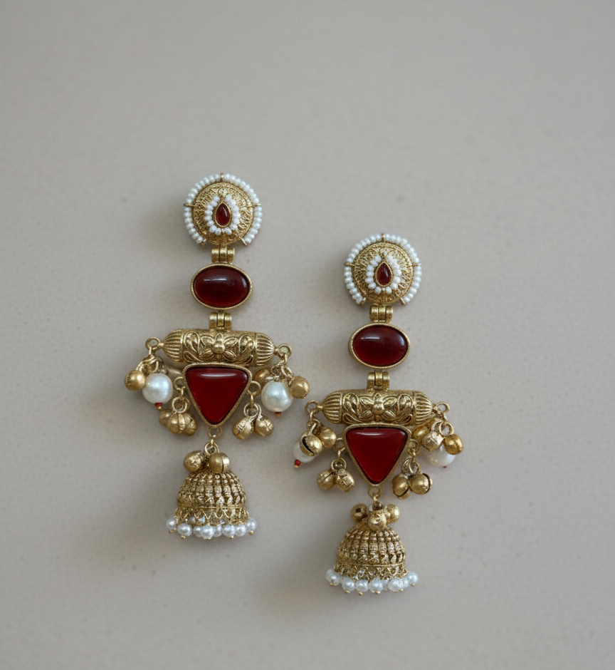 Kashmiri Noor Jhumkas – Handcrafted Filigree Drop Earrings with Seed Pearls