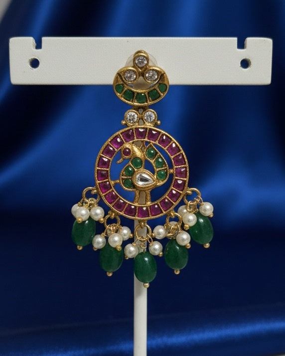 Traditional South Indian Kemp Stone Peacock Necklace Set with Gold Polish and Pearl Finish