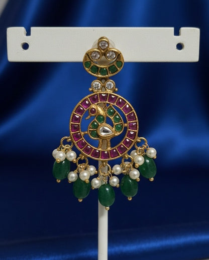 Traditional South Indian Kemp Stone Peacock Necklace Set with Gold Polish and Pearl Finish