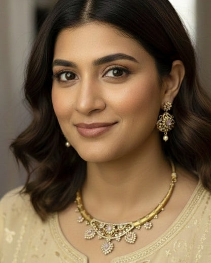 Gold-Plated Antique Filigree Choker Set with Rose Pink Stones & Crystal Accents