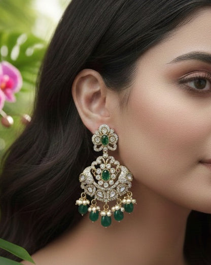 Victorian dark Green Peacock Chandbali Earrings with Polki & Pearl Accents