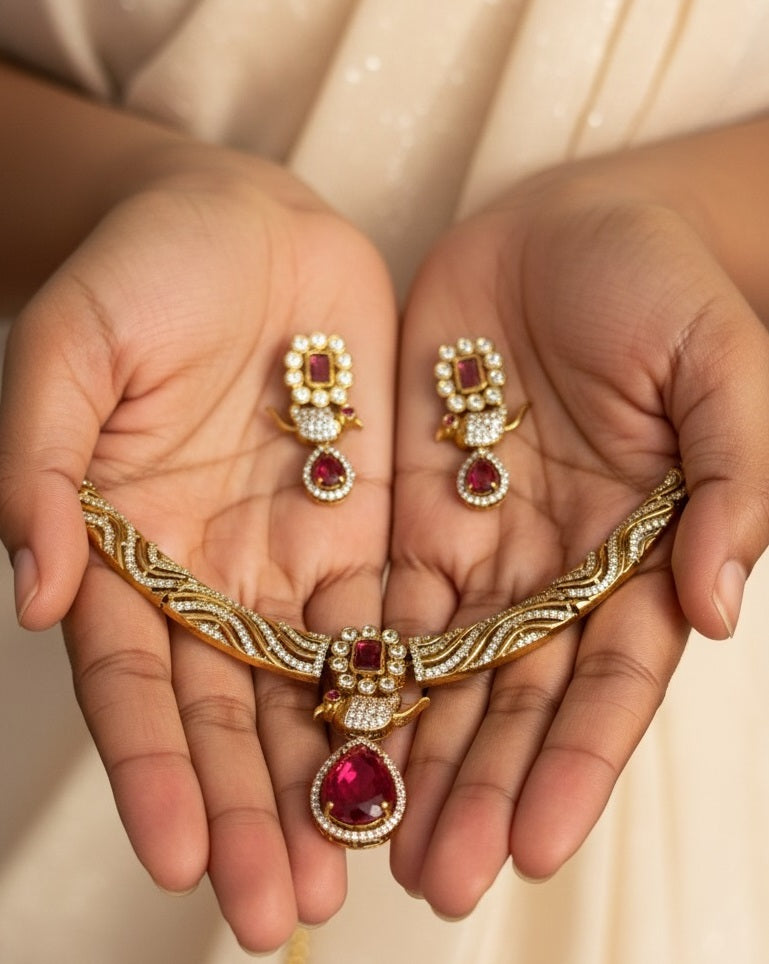 Gold-Plated Designer Wave Choker with Ruby Pink Teardrop Pendant & Matching Earrings