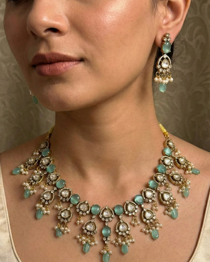 Ruby Red Monalisa & Polki Kundan Necklace Set with Mint Drops | Antique Gold Finish
