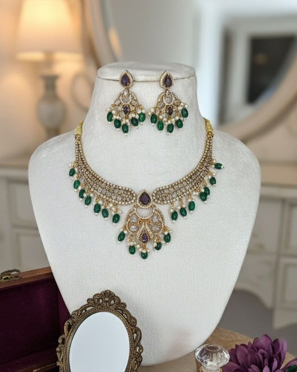 Royal Gold-Plated Kundan Choker Set with Amethyst Purple Accents & Emerald Green Beads