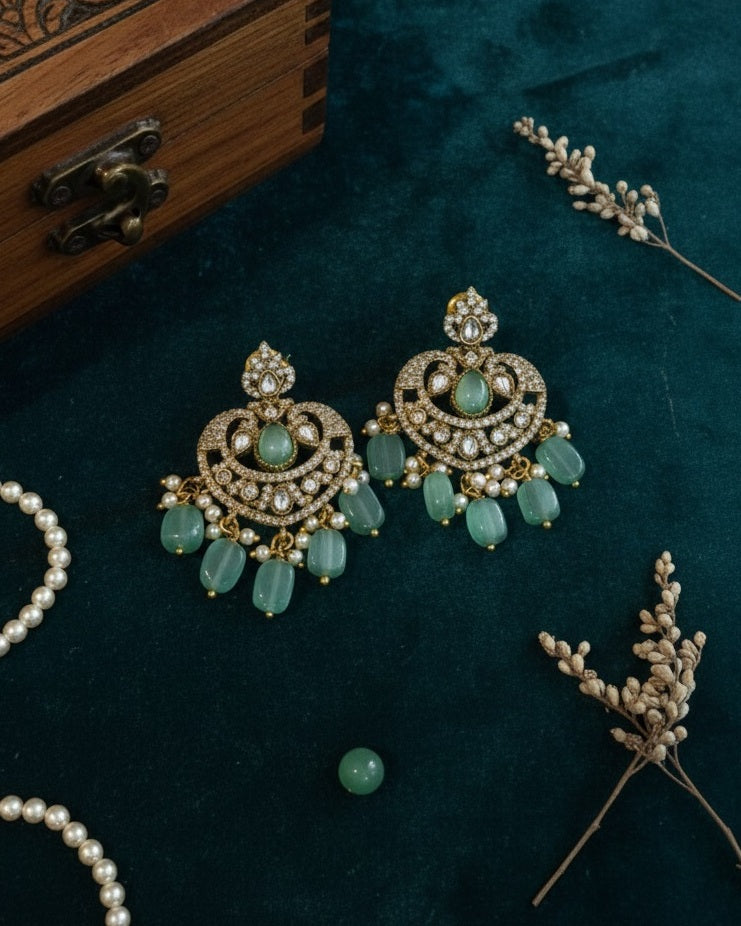 Victorian Mint Green Chandbali Earrings with Polki & Pearl Drops