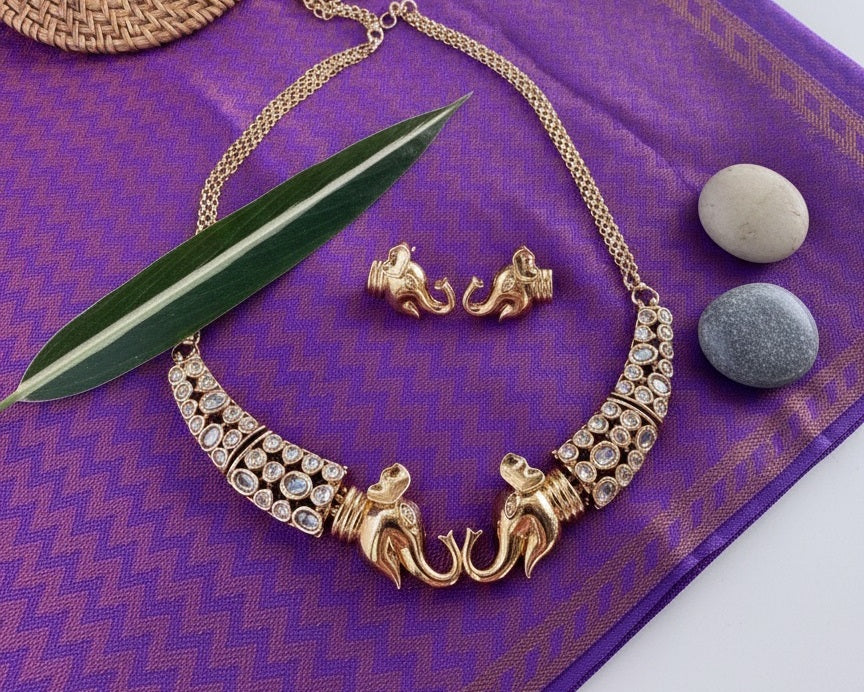 Antique Gold-Plated Elephant Motif Necklace & Earrings Set with Kundan Inlay