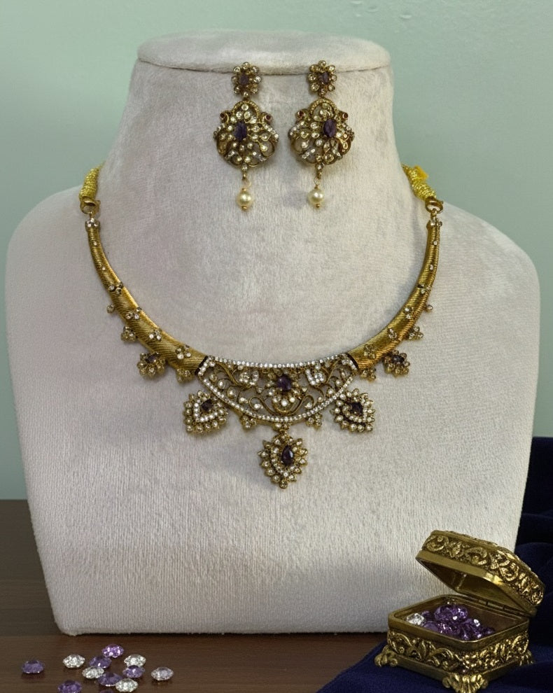 Gold-Plated Antique Filigree Choker Set with Royal Purple Stones &amp; Crystal Accents
