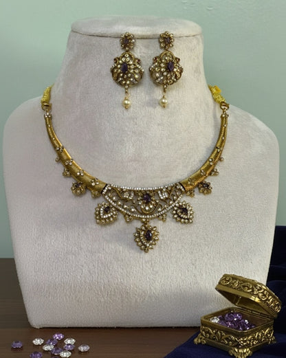 Gold-Plated Antique Filigree Choker Set with Royal Purple Stones &amp; Crystal Accents