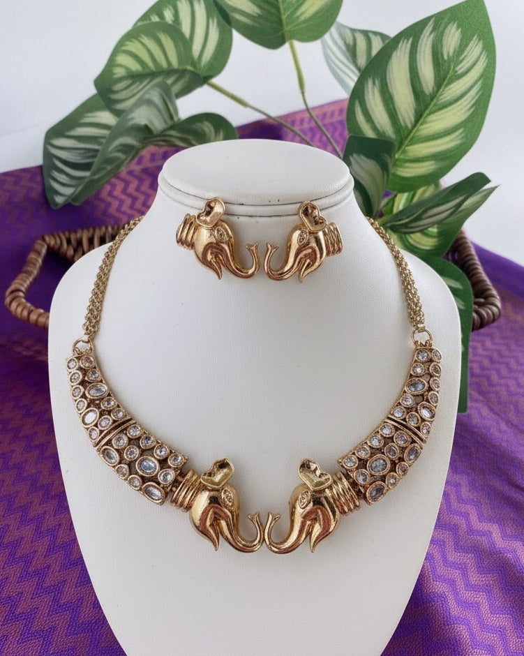 Antique Gold-Plated Elephant Motif Necklace & Earrings Set with Kundan Inlay
