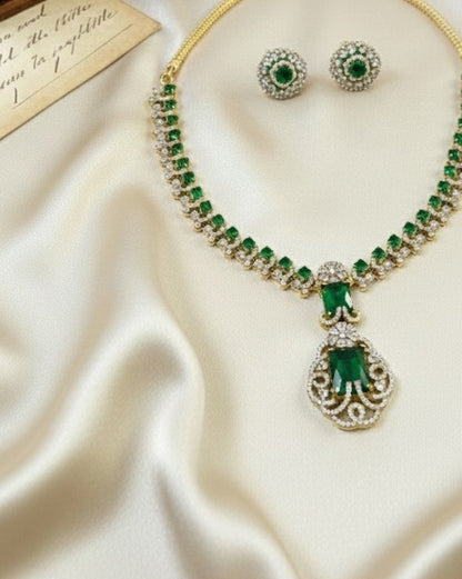 Elite Gold-Plated Long Link Necklace with Double Emerald Green Crystal Pendants