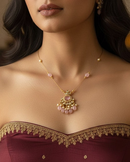 Blush Pink Oval Statement Floating Necklace – Invisible Gold Wire Choker with Pearl & Rose Bead Fringe