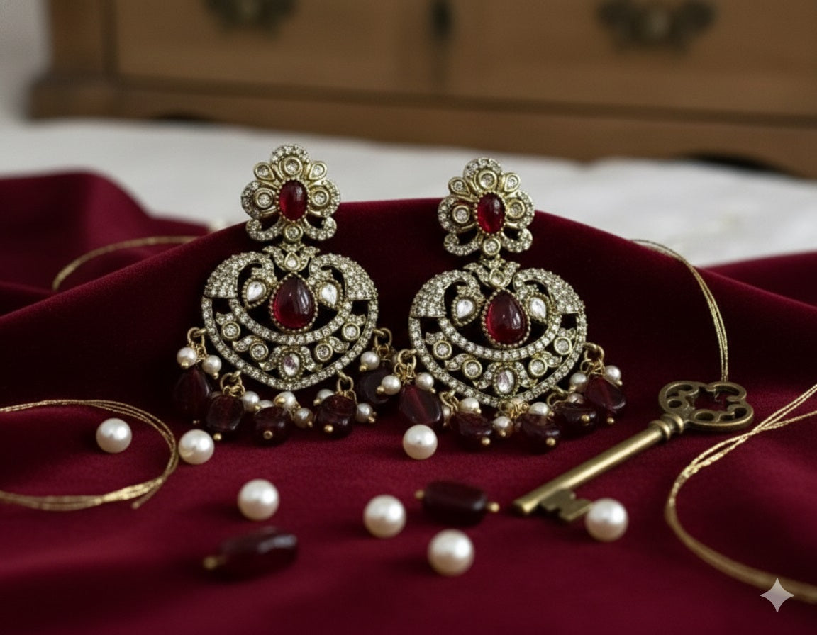 Victorian Ruby Red Chandbali Earrings with Polki and Pearl Drops