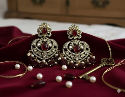 Victorian Ruby Red Chandbali Earrings with Polki and Pearl Drops