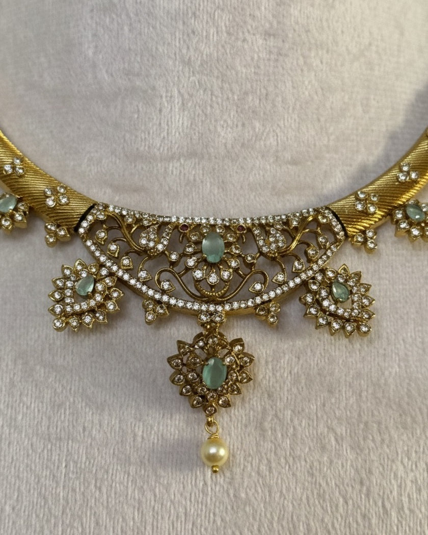 Gold-Plated Antique Filigree Choker Set with Mint Green Stones & Crystal Accents