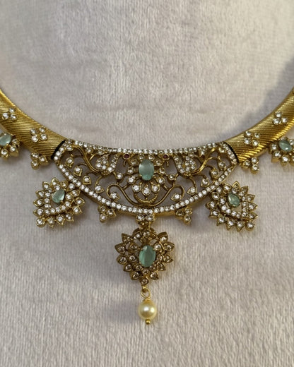 Gold-Plated Antique Filigree Choker Set with Mint Green Stones & Crystal Accents