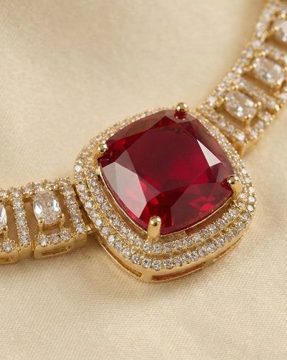 Royal Ruby Red American Diamond (AD) Choker Necklace Set with Matching Stud Earrings – Gold Plated
