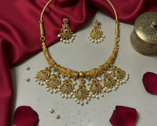 Antique Gold-Plated Peacock Motif Hasli Necklace Set with Kemp Stones and Pearl Droplets