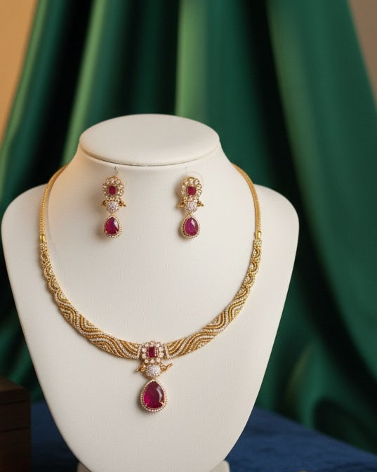 Gold-Plated Designer Wave Choker with Ruby Pink Teardrop Pendant & Matching Earrings