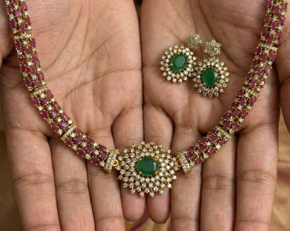 Ruby Red & Emerald Green AD Stone Necklace Set with Floral Pendant | Gold Plated