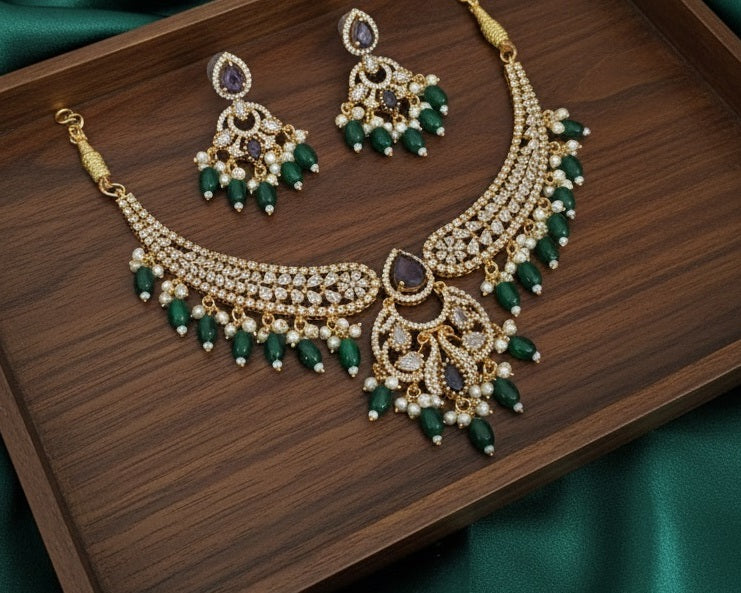 Royal Gold-Plated Kundan Choker Set with Amethyst Purple Accents & Emerald Green Beads